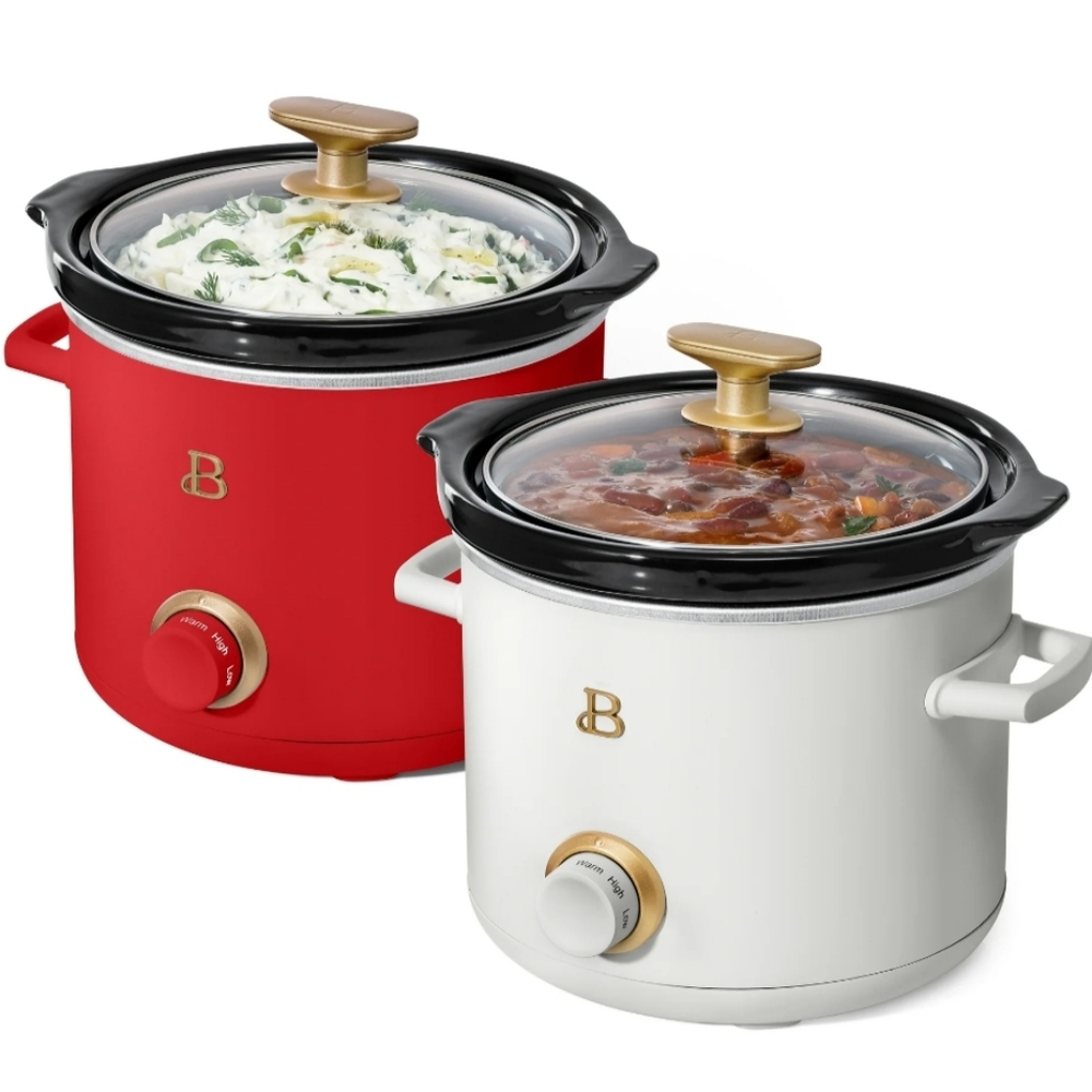 Beautiful 2-Pack 2qt Slow Cooker, Tomato Red & White Icing Drew Barrymore-NIB